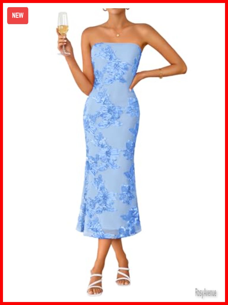 Strapless Floral Mesh Bodycon Midi Dress Cocktail Wedding Guest